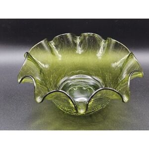 Blenko Olive Green Ruffle Crackle Glass Bowl Hand Blown 10.5"‎ 7137 Vintage 1975